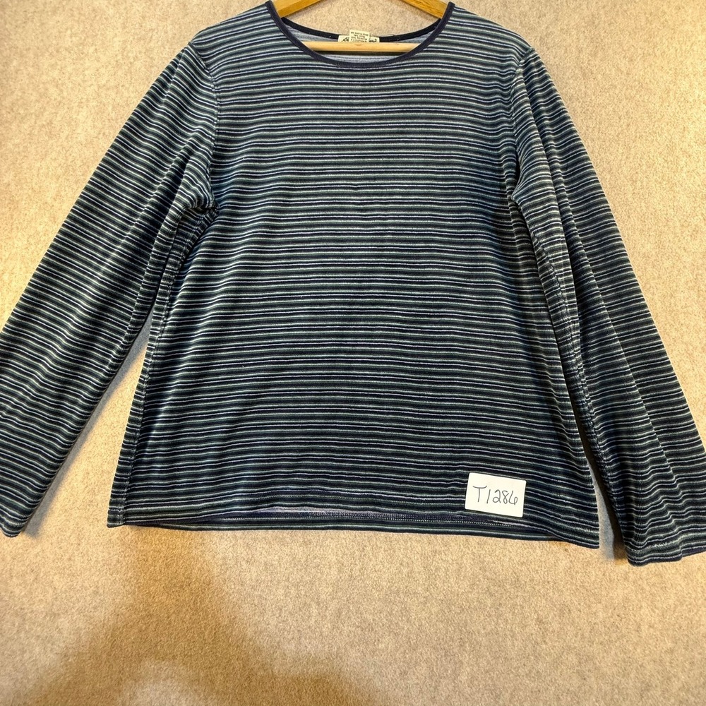 Eddie Bauer Womens L Blue Green Striped Long Sleeve Crewneck Cotton Blend Top